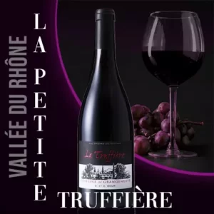 Bouteille du vin rouge La Petite Truffière du Domaine Grangeneuve en Provence. Robe rouge soutenu et étiquette avec le nom du vin.