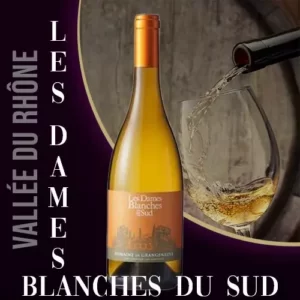 Bouteille du vin blanc Les Dames Blanches du Sud du Domaine Grangeneuve en Provence. Robe jaune pâle et étiquette indiquant le nom du vin.