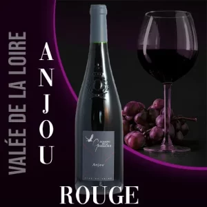 Bouteille du vin rouge Anjou Rouge du Domaine de la Gerfaudrie, vignoble de l'Anjou en Val de Loire. Robe rubis et étiquette mentionnant l'appellation.