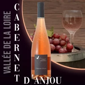 Bouteille du vin rosé Cabernet d'Anjou du Domaine de la Gerfaudrie, vignoble de l'Anjou en Val de Loire. Robe saumonée et étiquette mentionnant l'appellation.