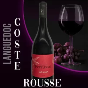 Bouteille du vin rouge Coste Rousse du Domaine Ferrussac, vignoble des Coteaux du Salagou. Robe pourpre et étiquette avec le nom du vin.