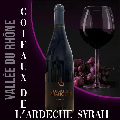 Bouteille du vin rouge IGP Côteaux de l'Ardèche Syrah du Domaine Grangeon. Robe rouge soutenu et étiquette avec l'appellation.