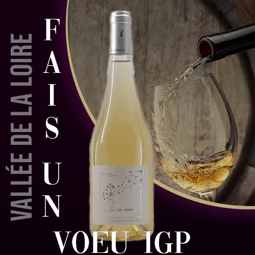 Bouteille du vin blanc sec Fais un Vœu du Domaine du Vieil Orme, vignoble du Val de Loire. Robe jaune pâle et étiquette indiquant l'appellation.