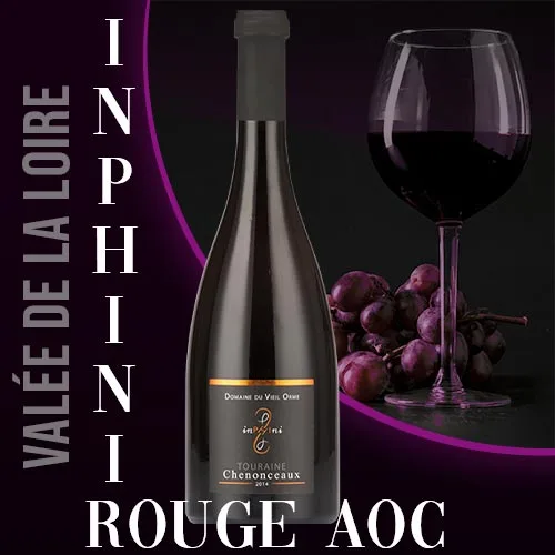 Bouteille du vin rouge InPHini Rouge du Domaine du Vieil Orme, vignoble de la vallée de la Loire. Robe pourpre et étiquette indiquant l'appellation.