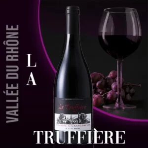 Bouteille du vin rouge La Truffière du Domaine Grangeneuve en Provence. Robe rubis et étiquette avec le nom du vin.
