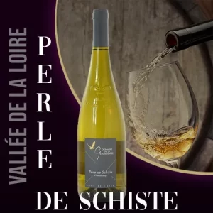Bouteille du vin blanc Perle de Schiste du Domaine de la Gerfaudrie, cépage Chardonnay cultivé sur sol schisteux. Robe jaune pâle et étiquette mentionnant Perle de Schiste.