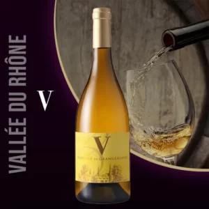 Bouteille du vin blanc V du Domaine Grangeneuve en Provence. Robe jaune dorée et étiquette indiquant le nom du vin.
