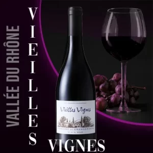 Bouteille du vin rouge Vieilles Vignes du Domaine Grangeneuve en Provence. Robe rouge soutenu et étiquette avec le nom du vin.